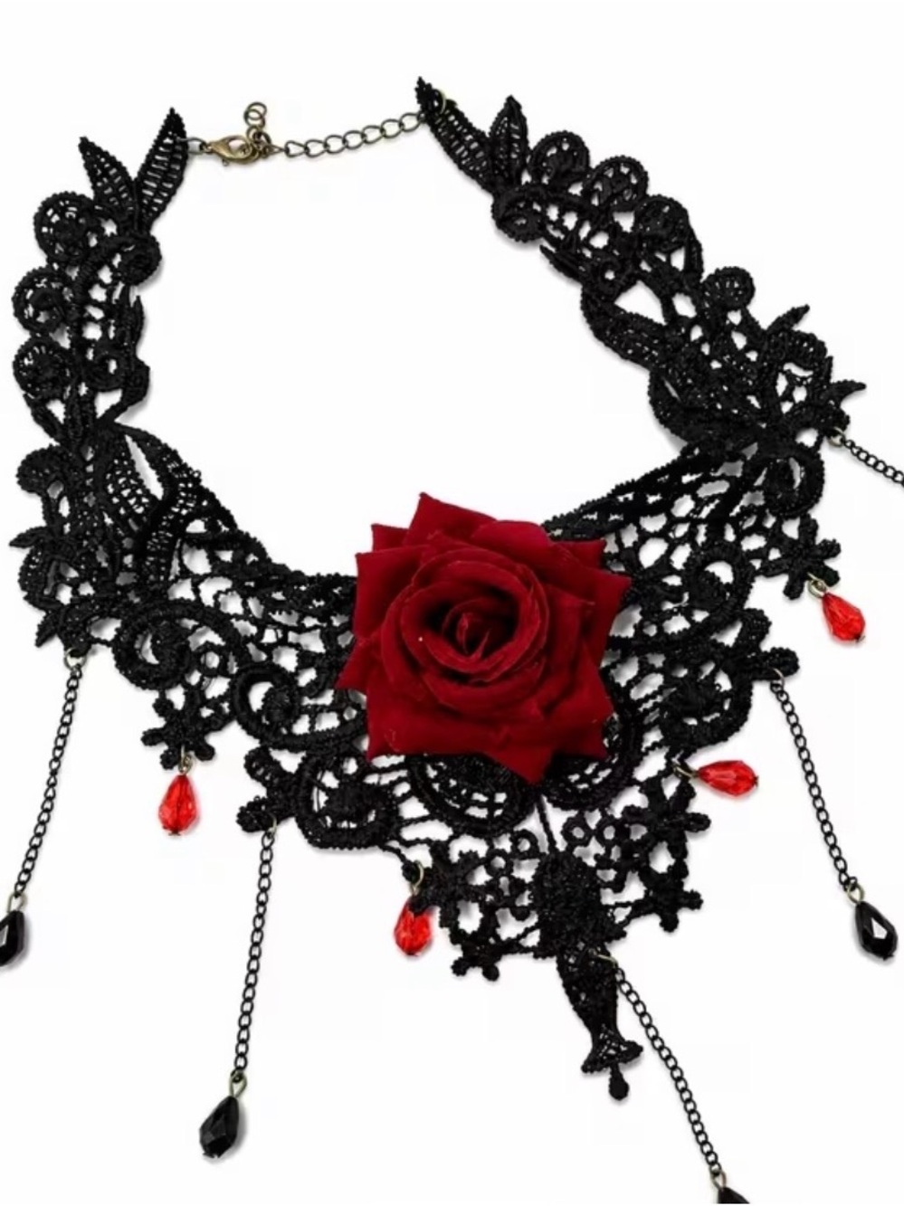Black Lace Choker Necklace with Red Rose Accent